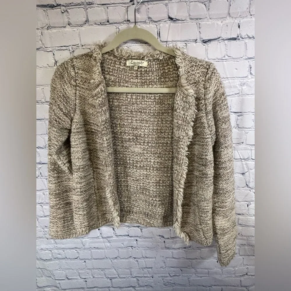 COCOGIO Cream Brown Marled Wool Cozy Boho Fringed Academia Cardigan Sweater XS